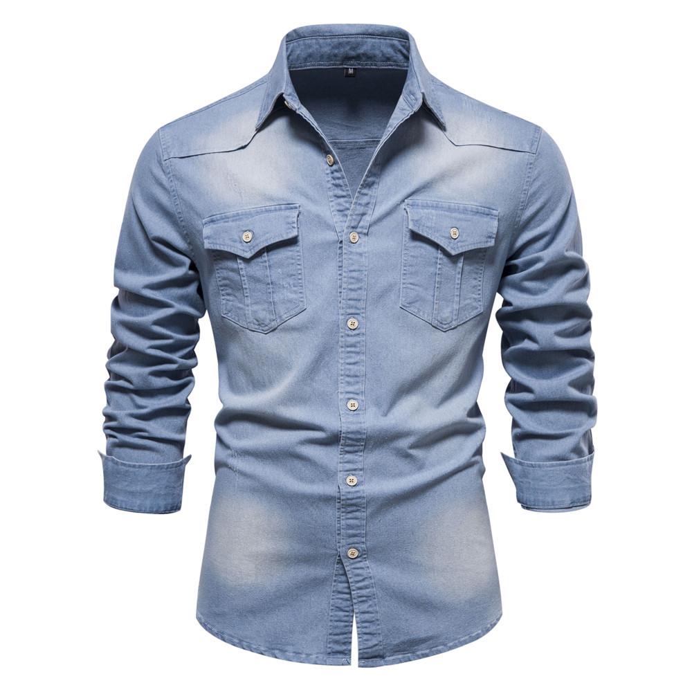 2026 Men's European Size Casual Solid Color Denim Long-Sleeve Shirt In Stock