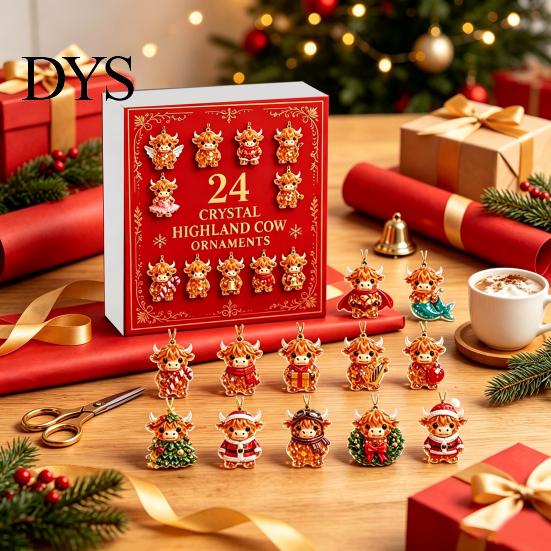 Acrylic Christmas Tree Decorations Highland Cow Advent Calendar, 24 Pcs Hanging Ornaments for Holiday Countdown Gift Box Decoration, Festive