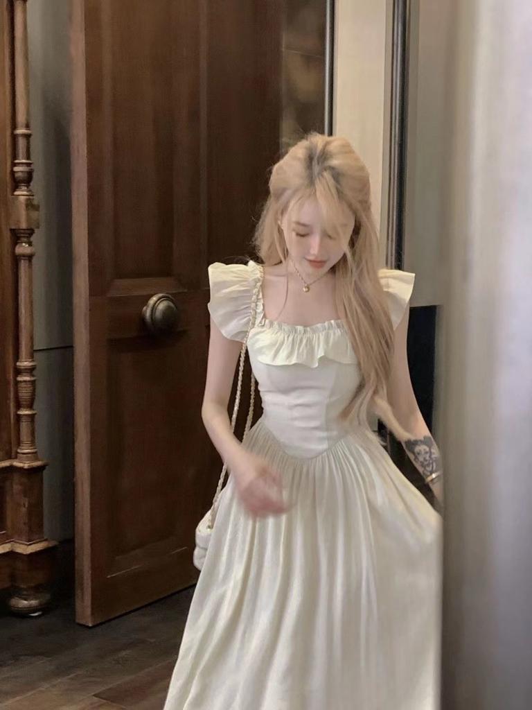 [The Original Method Has the Inside] Pink Small Flying Sleeve Dress, Summer Ruffle Edge Square Neck Long Dress, Waist a Word