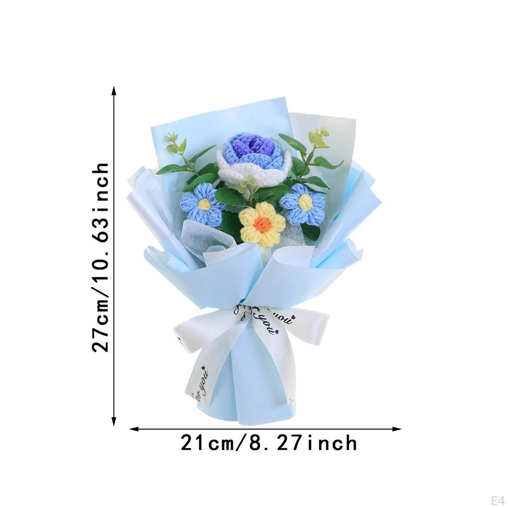 Completed Crochet Flower Bouquet Artificial Eucalyptus Leaves Ornament Handmade Knitted for