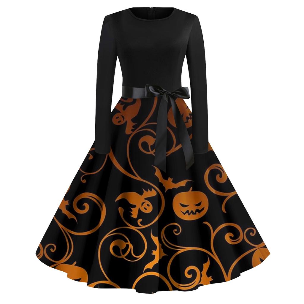 Halloween-Kleid für Damen, Vintage-Print, langärmelig, Rundhalsausschnitt, Übergröße, Abend- und Ballkleider