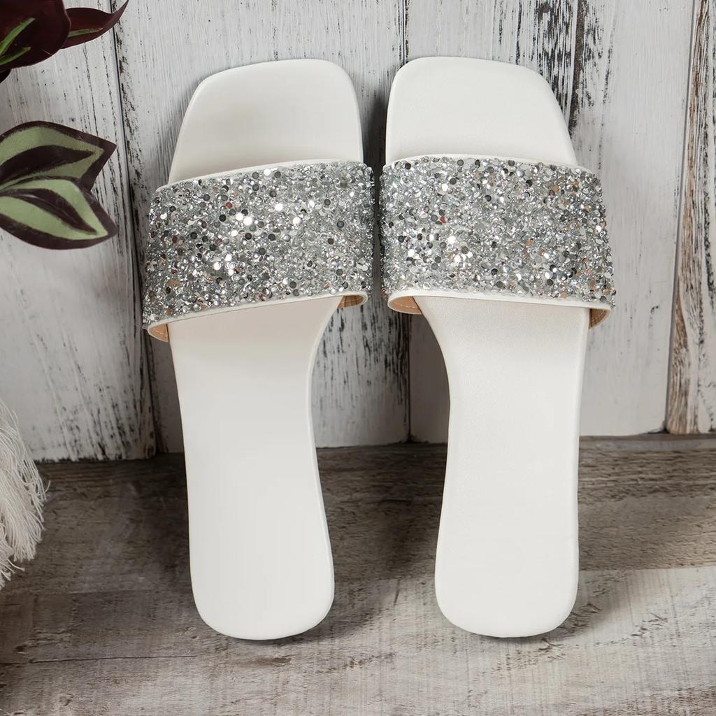 Flat Slippers for Women 2025 Summer Designer  Big Size Rhinestone Flip-flops Ladies Fashion Casual Sequin Slipper Shoes Woman