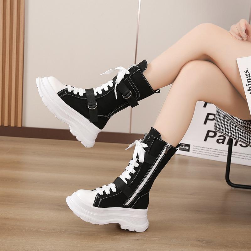 Canvas Chunky Platform Women's Boots Lace-Up Side Zipper Modern Boots Woman Thick Bottom Non-Slip Ankle Booties Bota Feminina