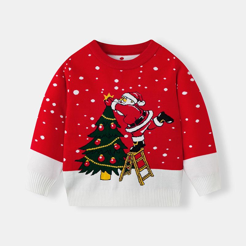 Christmas Family Pullover Sweater - Parent-Child Tree Jacquard Knit Child-3Y (90cm) красный