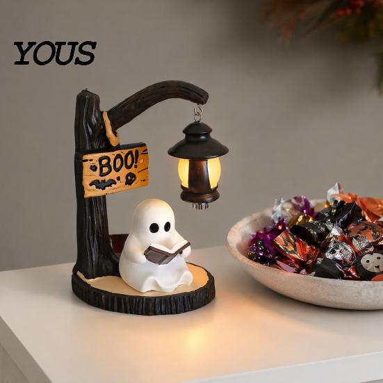 Halloween Ambient Lighting Witch/Ghost LED Lamp, Gothic Resin Ornament with Warm Light for Amber Night Home Decor, Desktop Spooky Party Decor