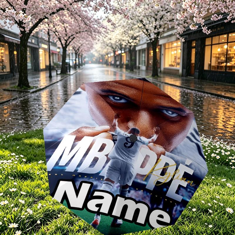 Custom Name Personalized Kylian Mbappe Print Umbrella, Auto Open Close, 8‑Rib Sturdy Frame, Commute Camping Hiking Use, Birthday Gift