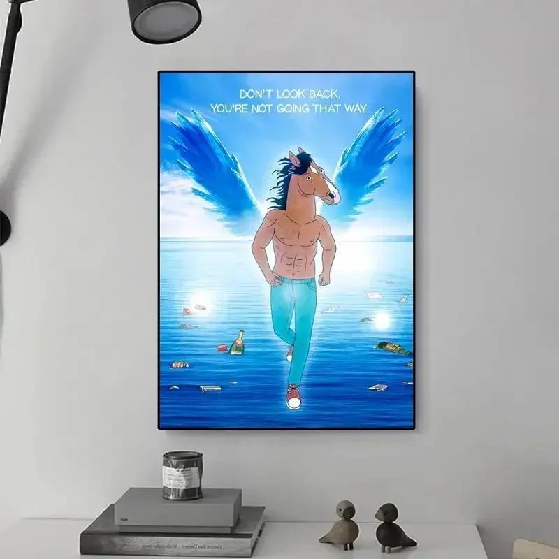 Whimsical Winged Horses Abstract Canvas Art Print  Vibrant Cartoon River Scene for Living Room Wall Decor