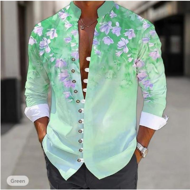 Camicia da uomo a maniche lunghe per primavera estate Stampa Paisley Sfumata Collo alla coreana Bottoni