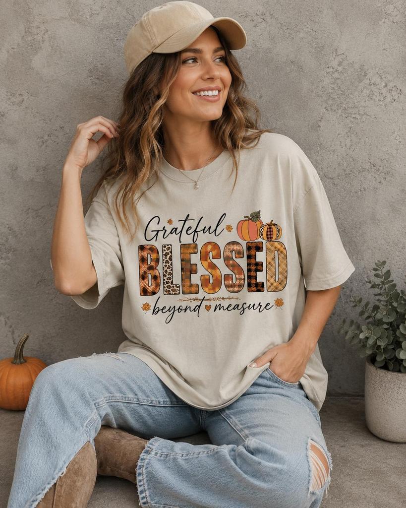 Grateful Blessed Fall T-Shirt, Pumpkin Thanksgiving Graphic Tee, Autumn Harvest Shirt