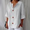 Spring and Summer Loose T-shirt Women's V-neck Cotton and Linen Button Up Top