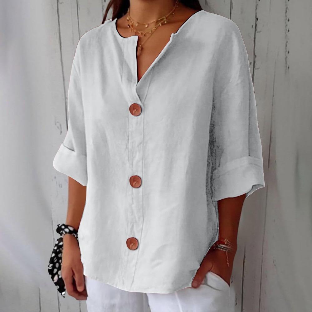 Spring and Summer Loose T-shirt Women's V-neck Cotton and Linen Button Up Top