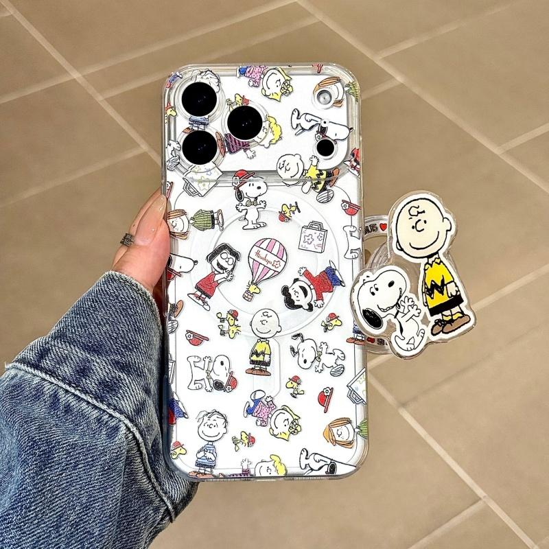 cartoon Cute Snoopy Magsafe Wireless Charge Case For iPhone 16 17 12 14 15 13 Pro Max Plus Air Funny Snoopy Magnetic Stand