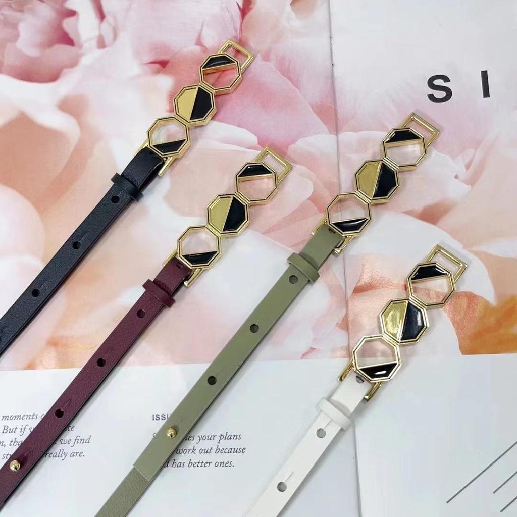 Genuine Leather Geometric Buckle Thin Waist Belt for Women