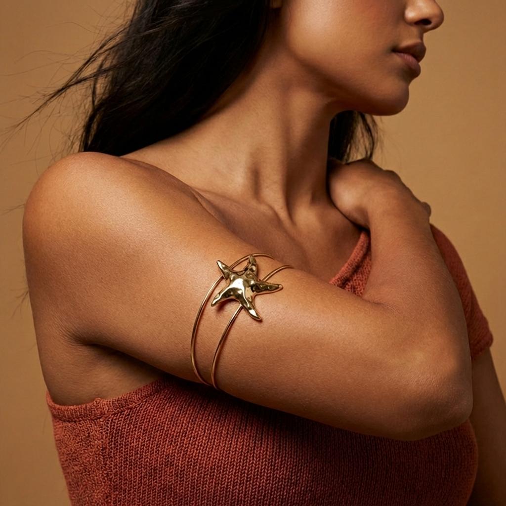 Gold Color Starfish Arm Cuff Upper Arm Bracelet  for Women Adjustable Boho Double Wire Bangle Summer Beach Wedding Jewelry Gift