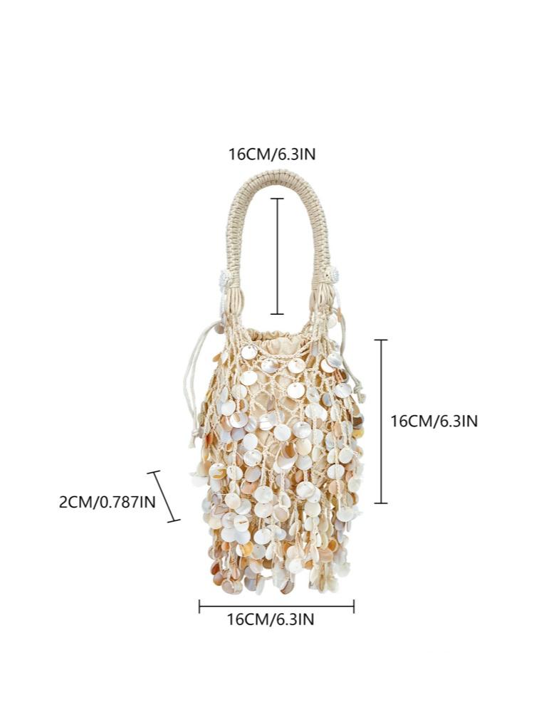 Bohemian Style Natural Shell Piece Woven Armpit Bag Women Casual Seaside Beach Vacation Handmade Bead Tassel Mesh Handbag