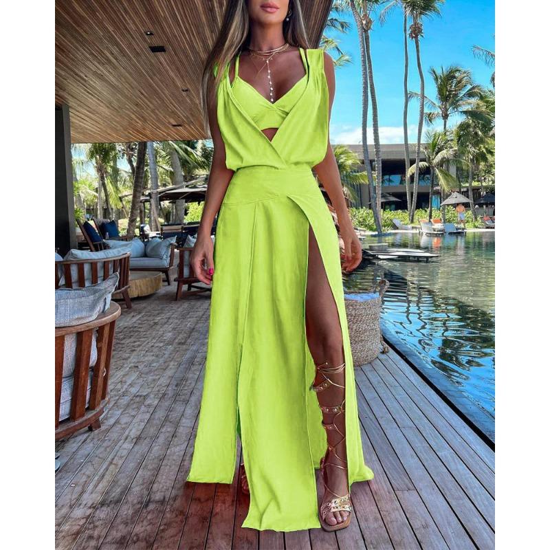 BITCED Women's Fashion Summer Spring Solid Color Print Sleeveless V-Neck Casual Dresses