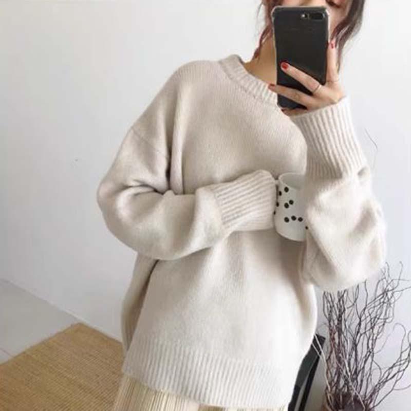 Women Cashmere Elegant Basic Sweater Autumn Winter Loose Soft O-Neck Knitted Pullovers Oversized Solid Color Jumper Knitwear