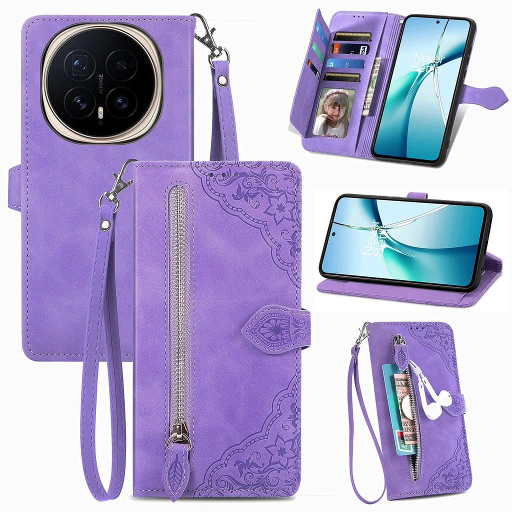 For Honor Magic8 5G Zipper Wallet Case with Strap Flower Imprint PU Leather Phone Cover