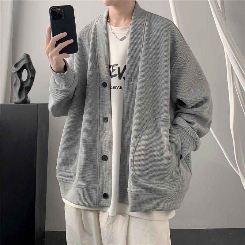 Men's Trendy V-Neck Waffle Knit Cardigan Hoodie - Spring/Autumn Casual Loose Fit Jacket