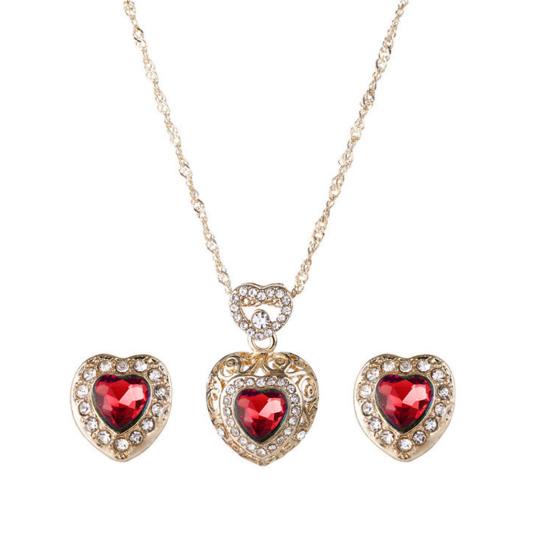

1 Set Women Necklace Earrings Set Heart Pendant Faux Crystal Hollow Out Color Matching Luxury Prom Party Wedding Bride красный