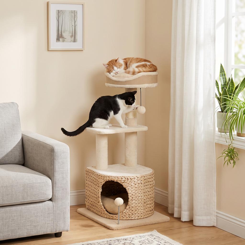 Cat Tree Modern Design Woven Style with Scratching Post 4 Levels Cattail Nest Perch In Jute 87 Cm Beige