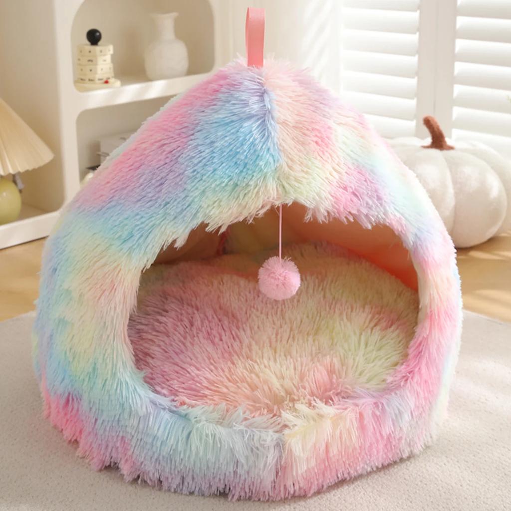 BSemi-enclosed Cat House with Ball Toy Portable Dog Bed For Small Dog Anti-slip Sleeping Cat Bed Plush Dog House Cat Accessories