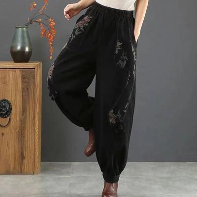 Winter Padded Ethnic Style Jeans Women's Printed Elastic Waist Lantern Trousers Harlequin Trousers Wide-legged Pant
