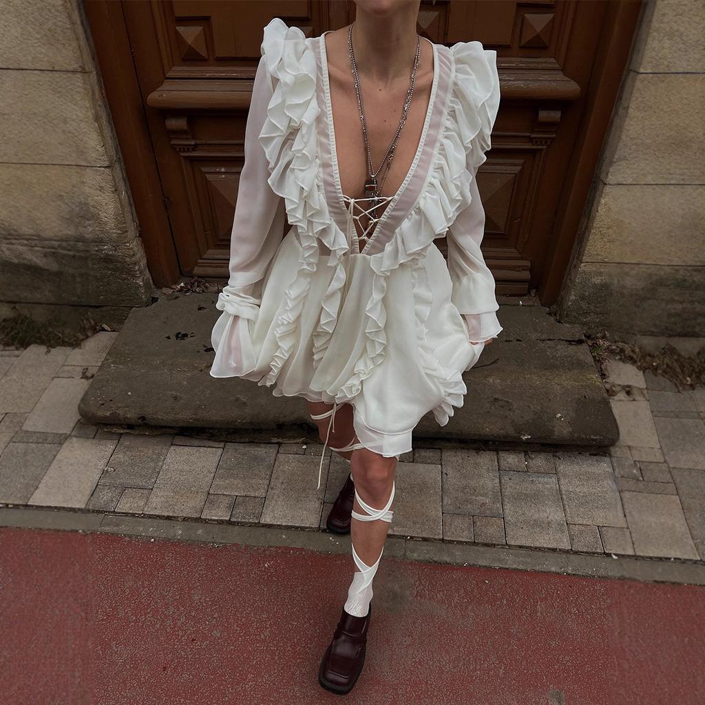 Lotus Leaf Edge Long-sleeved Dress European and American Summer New Women's V-neck Chiffon Strap Short Dress Dress