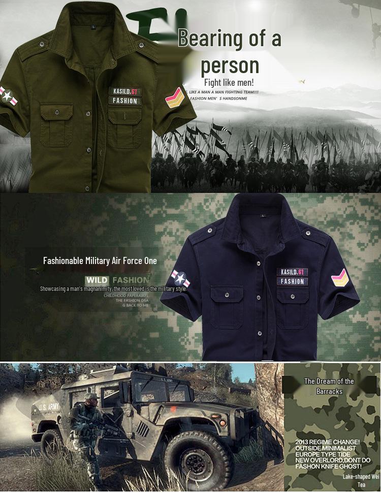 2019 Men's Plus Size Summer Outdoor Casual Cotton Workwear Shirt with Shoulder Epaulets