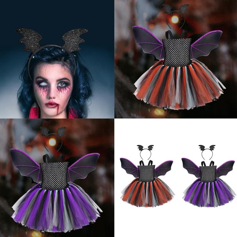 3Pcs Bat Wing Tutus Dress Headband Set Halloween Vampires Cosplay Costume Set for Kids Girls Bat Costumes Accessories