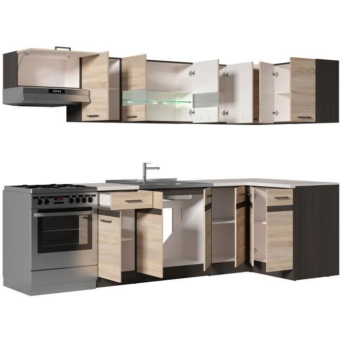 JUNONA Complete Corner Kitchen and Worktop L 3m40 - Reversible Corner - Sonoma Oak Decor - Worktop Included