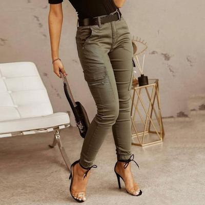 Pantaloni Cargo Slim Fit da Donna a Vita Bassa con Bottoni e Cerniera, Tinta Unita, Pantaloni a Sigaretta, Design Multitasche, Leggings