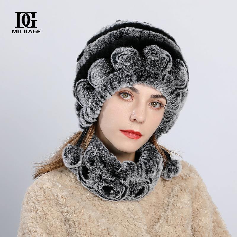 Hat Woman Winter New Rex Rabbit HairThickened and Warm Winter Versatile and Cute Fur Hat Scarf