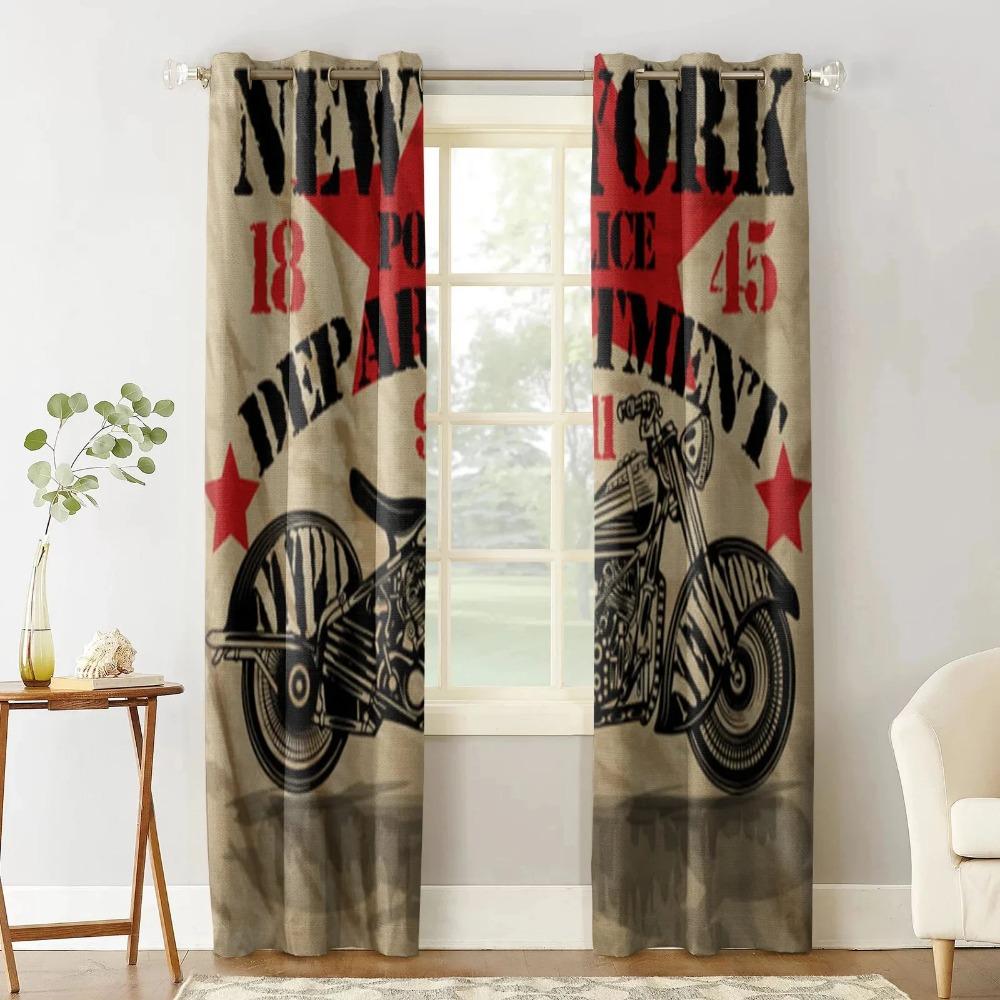 2 Panels Vintage Motorcycle Print Curtains for Bedroom Living Room Floor-to-ceiling Window Kitchen Blinds Cortinas Grommet Top
