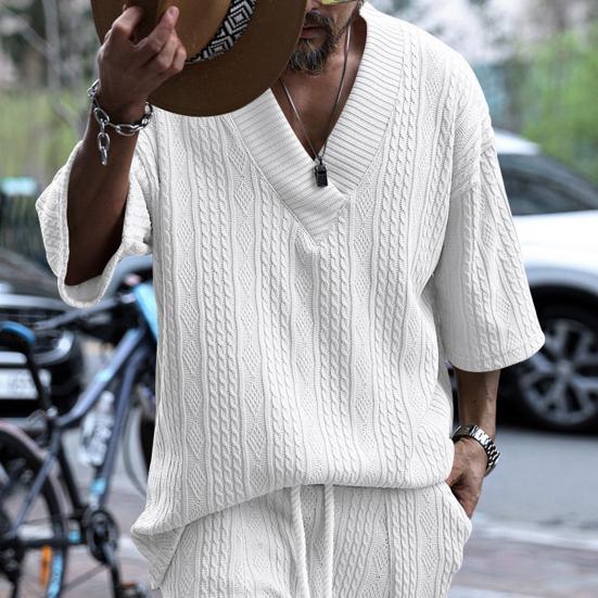 Men T-shirt V-Neck Short Sleeve Twist Jacquard Texture Tee Shirt Solid Color Loose Fit Summer Knitting Tops