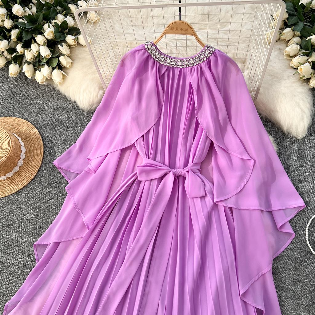 Elegante vestido largo plisado de gasa con cuello redondo, cordones y mangas estilo capa vintage para mujer, ropa de calle de moda