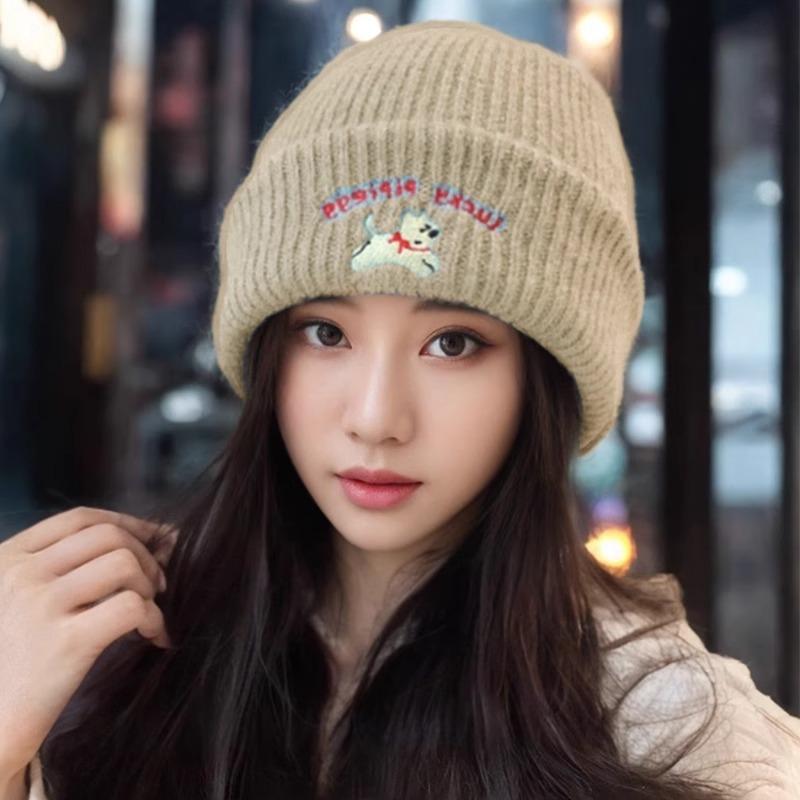 Korean Cute Puppy Knitted Wool Hat for Women Thickened Warm Autumn and Winter New Style Showing Face Small Bag Head Cartoon Cold Hat