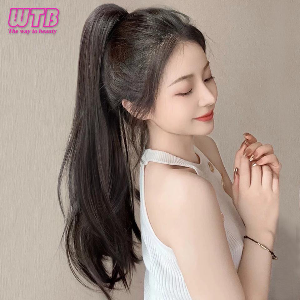 WTB Synthetische Perücke, Pferdeschwanz, weiblich, Halteklammer, hoher Pferdeschwanz, natürlich, leicht gelockt, langes, lockiges Haar, Halteklammer, Pferdeschwanz-Perücke