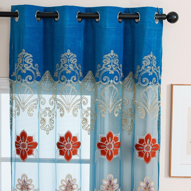 Living Room Bedroom Villa Blue European Embroidery Balcony Curtain High-End Finished Window Screen New Chinese Relief