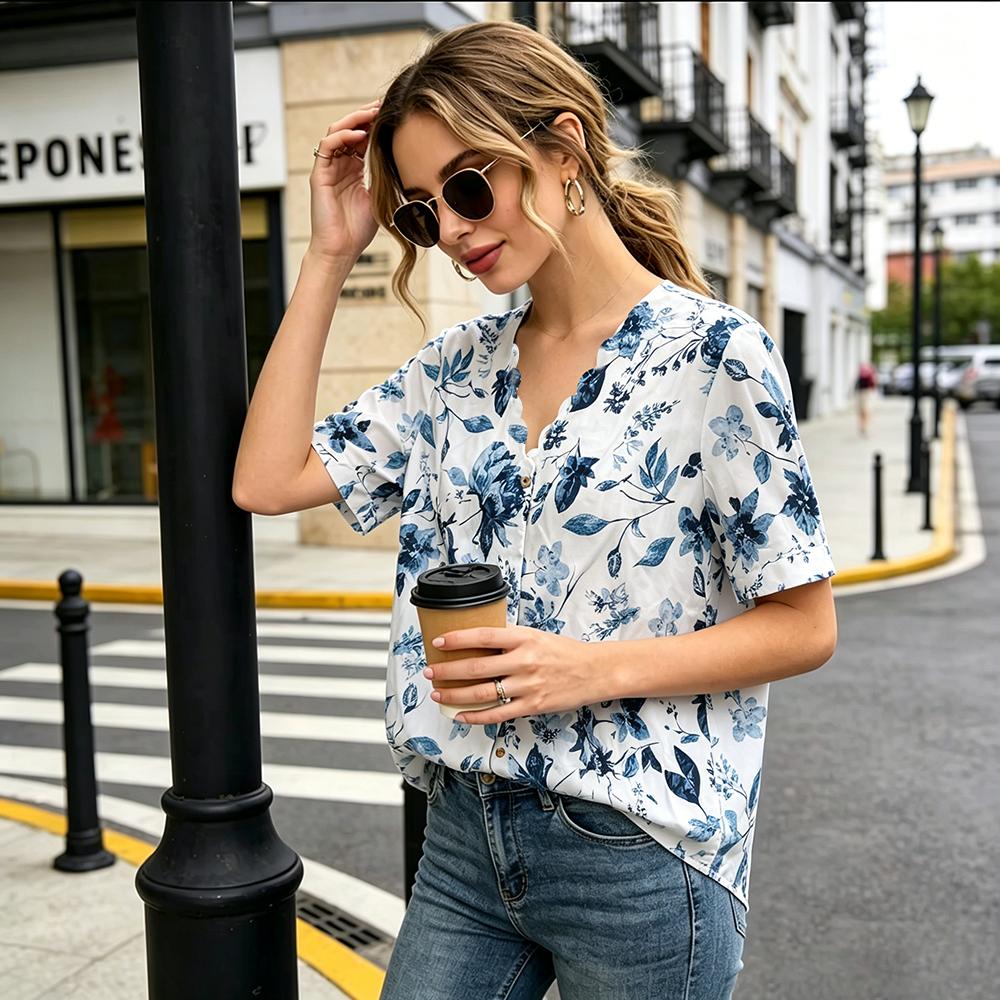Women's Blue Floral Print Short Sleeve Button Down Shirt, Casual V-Neck Loose Blouse for Summer, Breathable Lightweight Top for Daily Wear & Vacation
