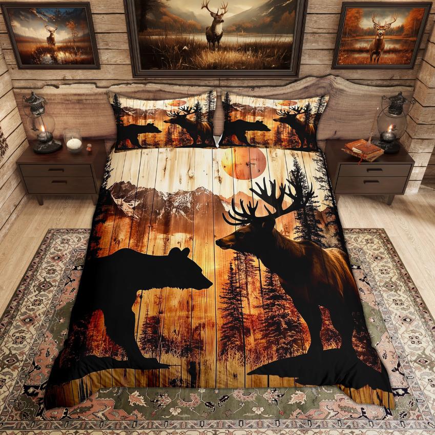 Homewish Rustic Deer Bear Duvet Cover Set Woodland Animal Checkered Quilt Cover Set Farmhouse Lodge Cabin Bedding Set
