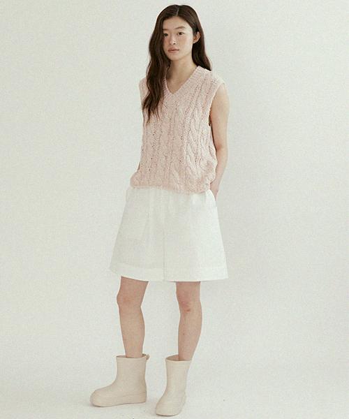 Lingseoul Cable Cotton Blended Knit Vest-Pink