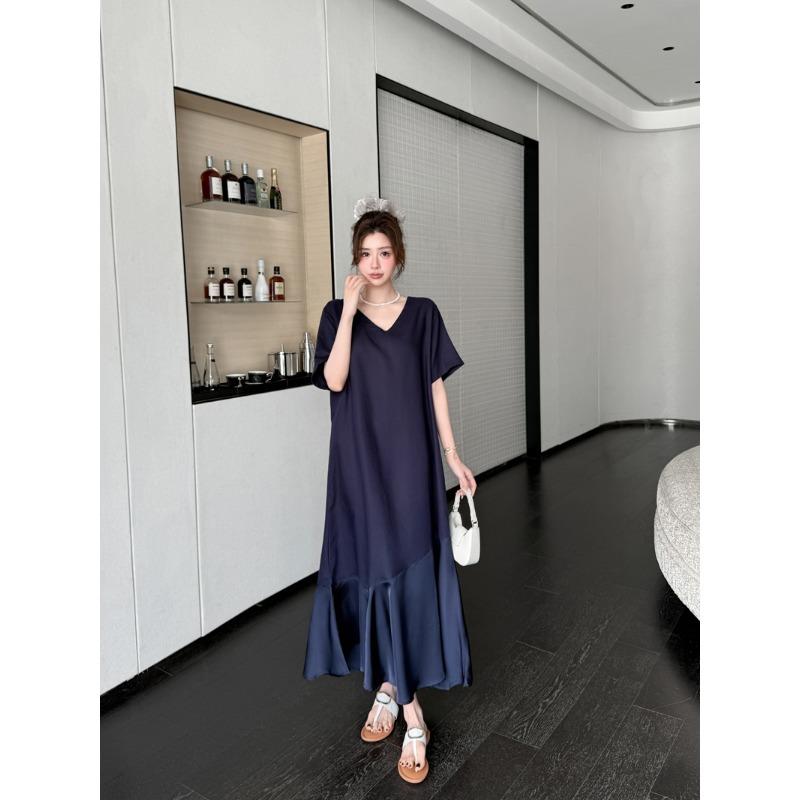 DIMANAF 2026 Summer New Plus Size Women V-Neck Short Sleeve Solid Maxi Long Dress Shirt Dress Lady Fashion