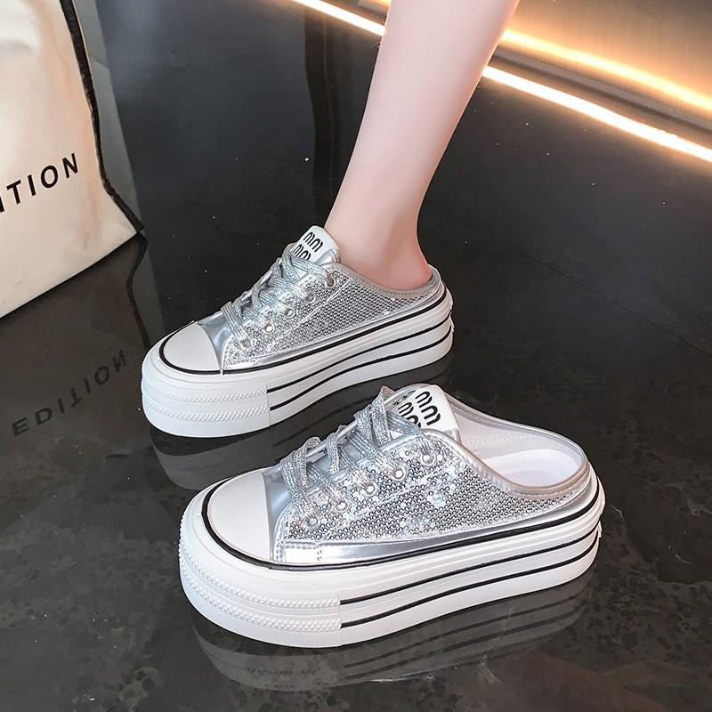 Mode 2024 Vår Höst Damtofflor Mode Baotou Halvtofflor Bär Ny Stil Muffin Snörning Casual Canvas Tofflor för Kvinnor