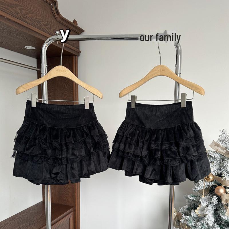 

Белая юбка-фонарик с высокой талией и кружевными вставками, пышная короткая юбка - Коллекция осень и зима M [recommended 96-108 pounds] чёрный