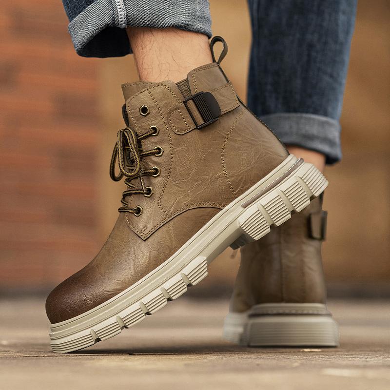 Fashion Men's Casual Leather Boots Winter Men Work Boot Mens Shoes Non-slip Designer High Top Ankle Boots Black Motorcycle Shoes