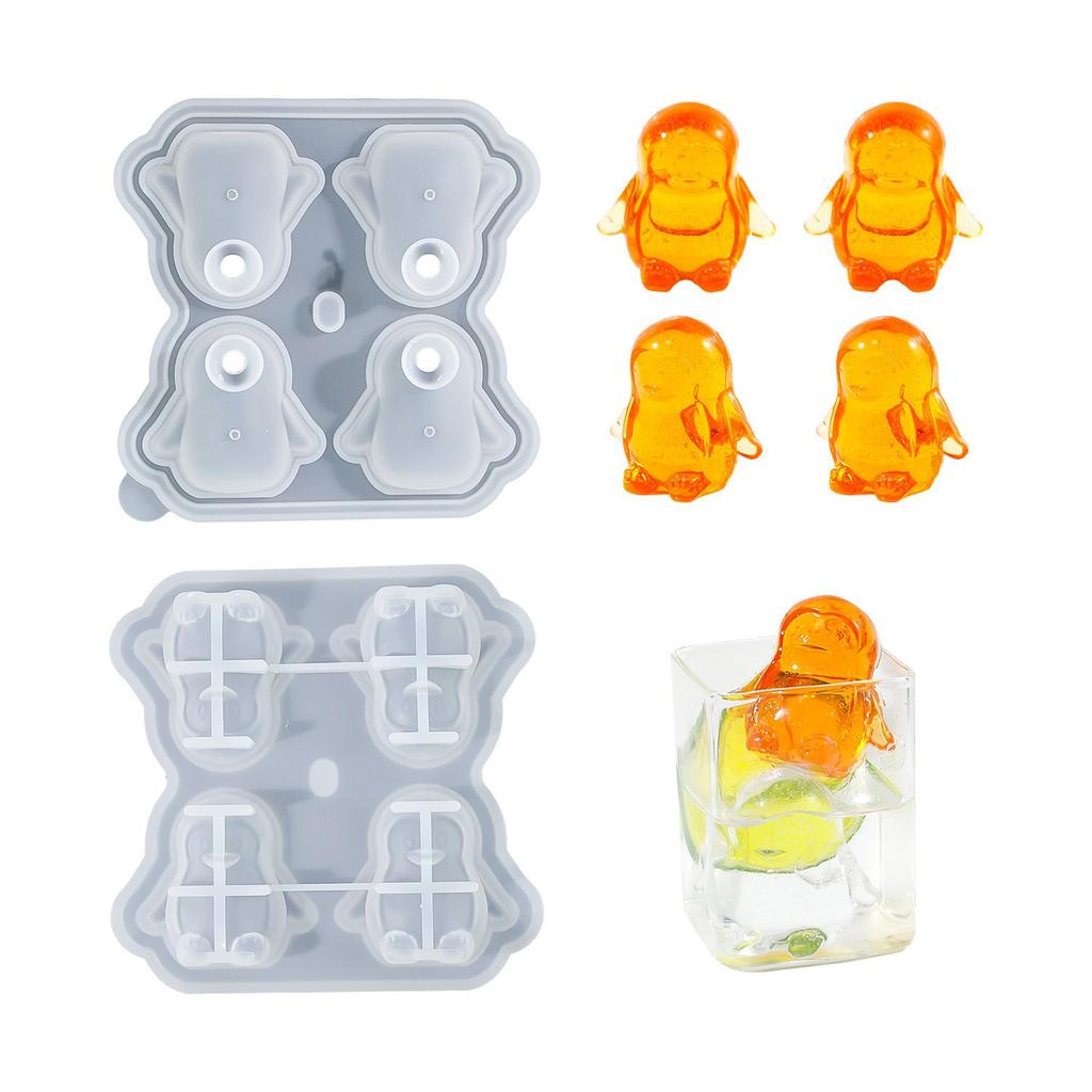 Creative Penguins Shaped Ice Cube Maker 4 Compartment Flexible Silicone Mold with Covers for Drinks Household Use