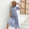 Women's Casual Crew Neck Polka Dot Printed Pleated Dress Short Long Sleeve Tie Spring Summer Mediumn