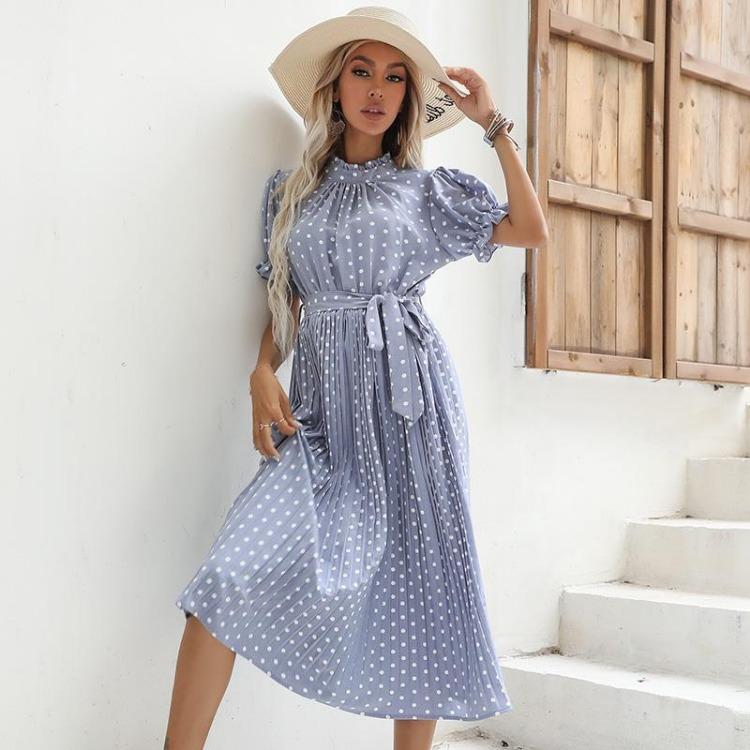 Women's Casual Crew Neck Polka Dot Printed Pleated Dress Short Long Sleeve Tie Spring Summer Mediumn