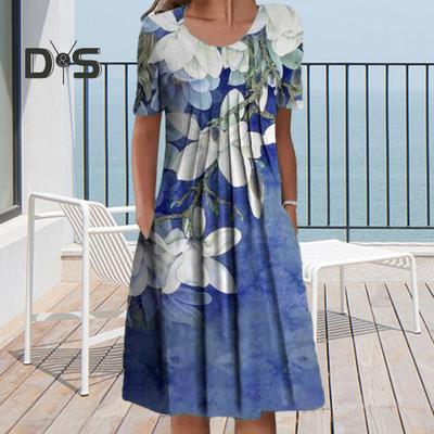 Women's Summer Short Sleeve Midi Dress V-Neck Pleated Swing Dress Boho Floral Print Tunic Shirt Dress with Pockets